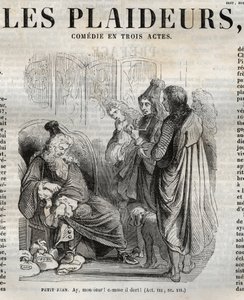 Les Plaideurs (1668) komedie o třech dějstvích – rytina do „Díla Jeana Racina““, ilustrovaná Pauquetem a upozornění Emile de La Bedolliere – 1851