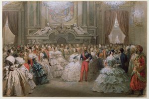 Královna Viktorie (1819-1901) a princ Albert (1819-61) na slavnostní večeři pořádané Napoleonem III. a Eugenií, 1853 (wc na papíře)