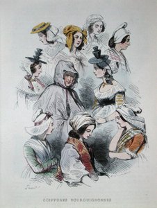 Pokrývky hlavy burgundských rolníků z knihy „Les Francais peints par lui-mes“ od Hippolyte Louis and Polydore Pauquet