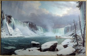 Velký niagarský katarakt, zimní efekt. Pohled na Niagarské vodopády. Obraz od Hippolyte Victor Valentin Sebron (1801-1879)