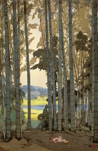 Slepice v bambusovém dřevě (barevný dřevotisk) od Hiroshi Yoshida