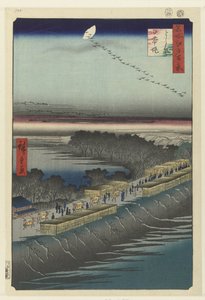 Pohled na Nihonddijk v Yoshiwara Yoshiwara Nihonzutsumi (titul na objektu) Sto slavných tváří na Edo (název série) Meisho Edo hyakkei (název série na objektu) od Hiroshige (I) , Utagawa