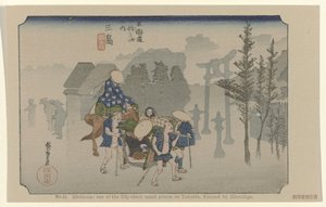 Mishima Č. 12. Mishima: jedno z padesáti tří významných míst na Tokaidu. Maloval Hiroshige De Tôkaidô van Hiroshige (název série) Hiroshige no fude Tôkaidô (název série na objektu) od Hiroshige (I) , Utagawa