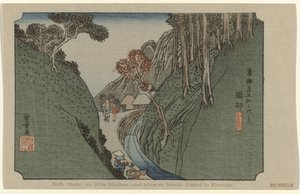 Okabe č. 22. Okabe: jedno z padesáti tří známých míst na Tokaidu, namaloval Hiroshige (název na objektu) De Tôkaidô van Hiroshige (název série) Hiroshige no fude Tôkaidô (název série na objektu) od Hiroshige (I) , Utagawa