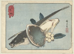 Platýs, ušeň a bobule Kochi awabi (název na objektu) od Hiroshige (I) , Utagawa