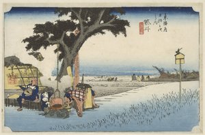 Theehuis in de buitenlucht ve Fukuroi Fukuroi, dechaya no zu (název na objektu) De 53 stanic van de Tokaido (název série) Tokaido gojusan tsugi no uchi (název série) od Hiroshige (I) , Utagawa