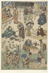 Sedm stánků na nočním trhu v ulici Joruri Obrázek prosperity v ulici Joruri (název série) Jorurimachi hanka no zu (název série na objektu) od Hiroshige (I) , Utagawa