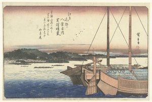 Západ slunce na pláži Shiba Shibaura no seiran (název na objektu) Osm pohledů na oblast Edo (název série) Edo kinko hakkei no uchi (název série na objektu) od Hiroshige (I) , Utagawa