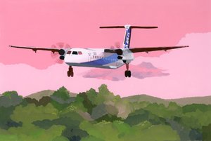 Přistání letadla na malém letišti, 2015 (kvaš na papíře) od Hiroyuki Izutsu