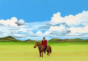 Mongolské stepi a lidé jedoucí na koních, 2015 (Kvaš na papíře) od Hiroyuki Izutsu