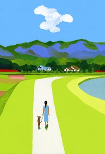 Modré hory a žena na procházce se psem od Hiroyuki Izutsu