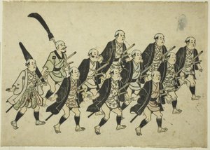 Průvod daimjóa, asi 1681-84 (ručně kolorovaný dřevoryt; oban joko-e, sumizuri-e)