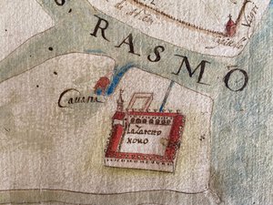 Lazzaretto Nuovo na mapě 17. století. od Historical Document.