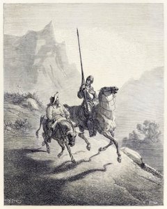„Don Quijote a Sancho vyjíždějící“ z filmu „Don Quijote“ od Miguela de Cervantese (rytina) od Héliodore Joseph Pisan