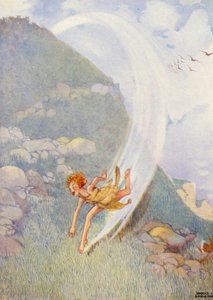 "Za čtyřicet minut obepnu zemi pásem" (barevná litografie) od Honor Charlotte Appleton