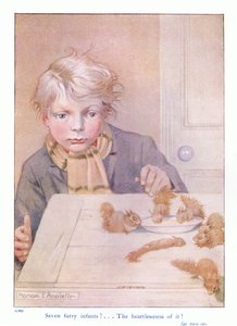 Sedm chlupatých nemluvňat, ilustrace z „Více o veverkách“ od Eleanor Tyrell, kolem roku 1915 (barevné lito) od Honor Charlotte Appleton