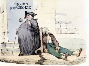 Tlustý a repu kněz vedle nebohého pacienta ležícího na zemi - v „La Silhouette“ od Honoré Daumier