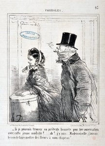 Umělecké dílo od Honore Daumiera (1808-1879) Charivari: Serie FARIBOLES „“ -Našel bys upřímnou záminku k propojení konverzace s touto mladou modelkou?... Ach! Jsem tady... slečno, musím si dát květiny na klobouk!“ MUZEUM VÝTVARNÉHO UMĚNÍ - PALACE LONGCHAMP od Honoré Daumier