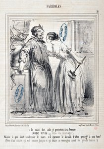 Umělecké dílo od Honore Daumier (1808-1879) Charivari: Serie FARIBOLES Le mari doit aide et protection a sa femme (Občanský zákoník - Title du mariage) „“ -Ale kdo musí oslovit manžela, když cítí potřebu být chráněn obratem? (Poznámka umělce, který je stál od Honoré Daumier