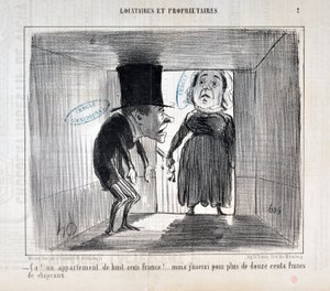 Umělecké dílo Honore Daumiera (1808-1879) Charivari pochází z roku 1854: Serie TENNIQUES AND OWNERS „“ Ca!... byt za osm set franků!... ale použiji za více než dvanáct set franků klobouků““ MUZE DES BEAUX ARTS - PALAIS LONGCHAMP, MARSEILLE od Honoré Daumier