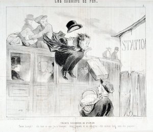 Umělecké dílo Honore Daumiera (1808-1879). Charivari pochází z roku 1843: Serie LES Chemins de fer Třicet sekund stanice „“ -Tiens Joseph! vla vše, co ti mám poslat... tři balíčky a cestovatel - Především péče o balíčky”” MUSEE DES BEAUX ART od Honoré Daumier