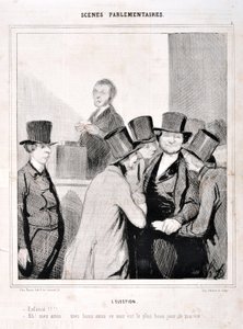 Umělecké dílo Honore Daumiera (1808-1879). Charivari pochází z roku 1843: Serie SCENES PARLAMENTARY. Volební „“ Plavat!!! "Ach, přátelé, moji dobří přátelé, dnešní noc je nejdůležitějším dnem mého života!" MUZEUM VÝTVARNÉHO UMĚNÍ - PALACE LONGCHAMP, MARSEI od Honoré Daumier