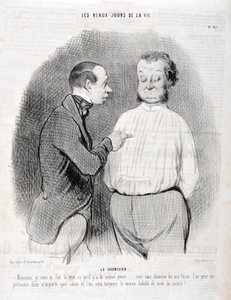 Umělecké dílo Honore Daumiera (1808-1879). Charivari pochází z roku 1845: Serie LES BEAUX DAYS DE LA VIE. Halenka „“ -Pane, udělal jsem ti nejlepší oblečení... s košilí podle mě se můžeš prezentovat v každém obývacím pokoji a vždy budeme nejlépe oblečení i od Honoré Daumier