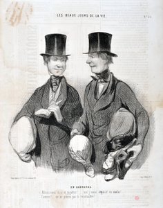 Umělecké dílo Honore Daumiera (1808-1879). Charivari pochází z roku 1845: Serie LES BEAUX DAYS DE LA VIE. V karnevalu "" - Pojďme se smát a higot! Jako chytrý budu zklamaný! Slavný! Nemůžeme vás poznat...“ MUZEUM VÝTVARNÉHO UMĚNÍ - PALACE LONGCHAMP, MARSEI od Honoré Daumier