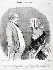 Umělecké dílo Honore Daumiera (1808-1879). Charivari pochází z roku 1845: Serie LES BEAUX DAYS DE LA VIE. Závazek umělce „Chcete závazek k mému divadlu... je to velmi dobré, slečno... jak jste pro vás krásná, bude to jen dvanáct set franků... to od Honoré Daumier