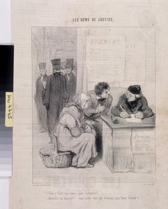 Dílo Honore Daumiera (1808-1879). Charivari pochází z roku 1845: Série LES PEANS DE JUSTICE. "Musíte napsat dopis, abyste ho učinili něžným? - Navštěvovat soudního vykonavatele! Nejste snad Francouz, dobrý muži?" Rozměr 37,5x28. Výňatek z novin Le" Chariva od Honoré Daumier