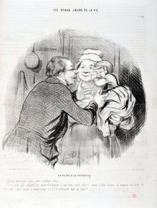 Umělecké dílo Honore Daumiera (1808-1879). Charivari pochází z roku 1848: Serie Les beaux jours de la vie. Návštěva sestřičky - Polibme tatínka malé dítě miláčku - Dnes nechce, ale obvykle...”” MUZEUM VÝTVARNÝCH UMĚNÍ - PALACE LONGCHAMP, MARSEILLE od Honoré Daumier