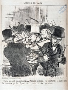 Umělecké dílo Honore Daumiera (1808-1879). Charivari pochází z roku 1852: Serie LE PUBLIC DU SALON - "" Když zazní čtyři hodiny.- slavnostní okamžik nebo začíná boj mezi návštěvníky, kteří si odložili hole a deštníky"" MUSEE DES BEAUX ARTS - PALAIS LONGCHA od Honoré Daumier