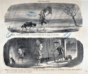 Umělecké dílo Honore Daumiera (1808-1879) Charivari pochází z roku 1853: Serie Sketches de Chasse “” Odjezd Pět hodin matin, - le chasseur zjistí, že počasí je nejisté””” “” Zpět do šesté hodiny večer, - lovec je opravený, poznal to od Honoré Daumier