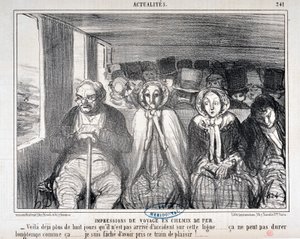 Umělecké dílo Honore Daumiera (1808-1879) Charivari pochází z roku 1855: Serie Actualites de voyage en railroad “” -Tady je více než osm dní, co se na této trati nestala nehoda... takhle to nemůže trvat dlouho. .. Je mi líto, že jsem jel tímto vlakem od Honoré Daumier