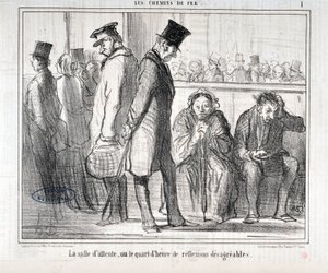 Umělecké dílo Honore Daumiera (1808-1879). Charivari pochází z roku 1855: Serie LES Chemins de fer "" Čekárna nebo čtvrthodina nepříjemných reflexů""" MUSEE DES BEAUX ARTS - PALAIS LONGCHAMP, MARSEILLE od Honoré Daumier