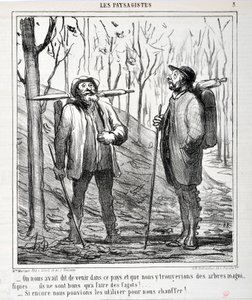 Umělecké dílo Honore Daumiera (1808-1879). Charivari pochází z roku 1864: Serie LES LANDSAGISTS „“ - Bylo nám řečeno, abychom přijeli do této země a že najdeme krásné stromy... jsou dobré na výrobu buřtů!... „Kdybychom je mohli použít k vytápění!. ..“ MUZE od Honoré Daumier