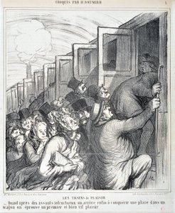 Umělecké dílo Honore Daumiera (1808-1879). Charivari pochází z roku 1864: Serie Sketch Les trains de plaisir “” - Když se nám po deseti neúspěšných útocích konečně podaří dobýt místo ve vagónu, zažijeme první a velmi živé potěšení””” MUSEE DES BEAUX AR od Honoré Daumier