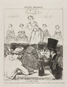 Na Champs-Elysées nebylo nikdy zcela jasné, zda díky hudbě jde pivo dolů, nebo kvůli pivu, kvůli kterému hudbu spolknete, deska 3 z Croquis Musicaux, 1852 od Honoré Daumier