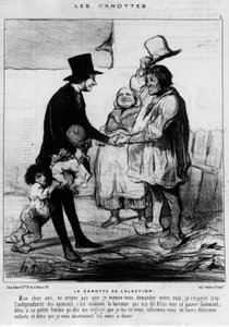 Kandidát na volební návštěvu v rodině rolníků: „“The Carrot of the Election““ – karikatura od Daumiera, v „“Charivari““ z 21.3.1844 od Honoré Daumier