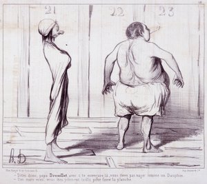 Karikatura o vzhledu. Série „“ The Bathers““: Řekněte tátovi Drouilletovi...““ Rytina Honore DAUMIEROVÉ (1808-1879). Výňatek z novin „“Le Charivari““. Rozměr 25 x 36 cm. box 12 Marseille, Musee des Beaux-Arts, Palais Longchamps, Collection Arts Graphi od Honoré Daumier