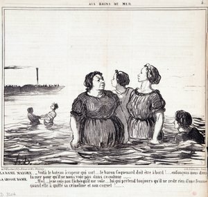 Karikatura o vzhledu a módě. Série „“ Les Bains de Mer““: „“ Hubená dáma (...), tlustá dáma (...)“ Rytina Honore DAUMIER (1808-1879). Výňatek z novin „“Le Charivari““ ze 16. září od Honoré Daumier