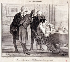 Karikatura o sběratelích umění. Série "" Potichomania"": "" Falešná váza z Japonska obdivující tři Číňany." Rytina Honore DAUMIEROVÉ (1808-1879). Výňatek z novin ""Le Charivari"" od Honoré Daumier