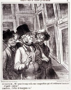 Karikatura o milovníkech umění. Série “” Skica pořízená v Salonu Daumierem “”: “” Návštěvník: Oh! pro převrat je zde opravdu nesmyslná kompozice (...). Umělec: Buržoazní kreténe, běž! “” Rytina Honore DAUMIEROVÉ (1808-1879). Výňatek z novin „“ L od Honoré Daumier