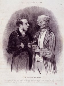 Karikatura o zubních chirurgech. Série „“The Beautiful Days of Life““: Mechanik příliš dokonalý...““. Rytina Honore DAUMIEROVÉ (1808-1879). Výňatek z novin “”Le Charivari”” 22. září od Honoré Daumier