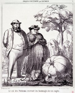 Karikatura o zahradničení. Série „“ Podzimní skica““: „“ Král dýní dostává pocty od svých poddaných““. Rytina Honore DAUMIEROVÉ (1808-1879). Výňatek z novin „“Le Charivari““ z 23. září od Honoré Daumier