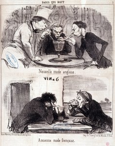 Karikatura o gastronomickém zneužívání. Série „Paris qui drinks“: nová anglická móda a stará francouzská móda. Rytina Honore DAUMIEROVÉ (1808-1879). Výpis z novin “” Le Charivari”” 23. června 1852 Rozměr 37x26 cm Inv D 2312 - krabice 24 N¡7. Marseille, Múz od Honoré Daumier