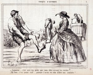 Kreslený film o kombajnech, kteří šlapou po hroznech naboso. Série „“ Podzimní skica““: „“ Jak... budete mačkat hrozny nohama? ...“ Rytina Honore DAUMIEROVÉ (1808-1879). Výňatek z novin ""Le Charivari"" od Honoré Daumier