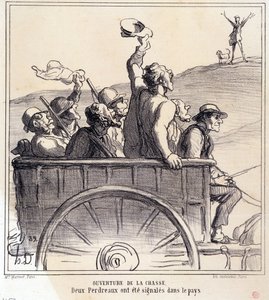Karikatura o lovcích. Série „Podzimní skica: Zahájení lovu, v zemi byly signalizovány dvě koroptve“, z novin „Le Charivari“ od Honoré Daumier