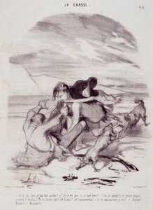 Karikatura o lovcích. Série „“ The Beautiful Days of Life – The Hunting““: „“ Říkám vám, že jsem ho přiměl odejít...““ Rytina Honore DAUMIEROVÉ (1808-1879). Výňatek z novin „“Le Charivari““ z 10. ledna od Honoré Daumier