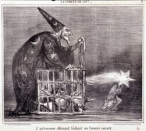 Karikatura o vědě. Serie Sur „“ kometa roku 1857““: „“ Německý astronom zanechávající slavnou kachnu“““. Rytina Honore DAUMIEROVÉ (1808-1879). Výňatek z novin ““Le Charivari”” 2. března od Honoré Daumier